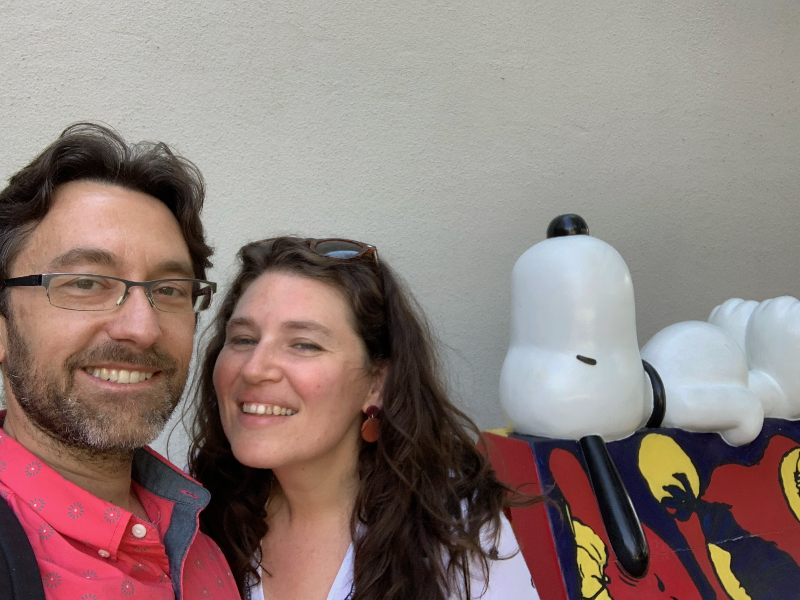 Kevin and Meg with Snoopy statue in Santa Rosa, California